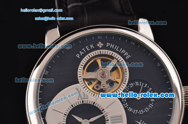 Patek Philippe Complications ST22 Automatic Steel Case with Black Leather Strap Black Markers and Black Dial - Click Image to Close